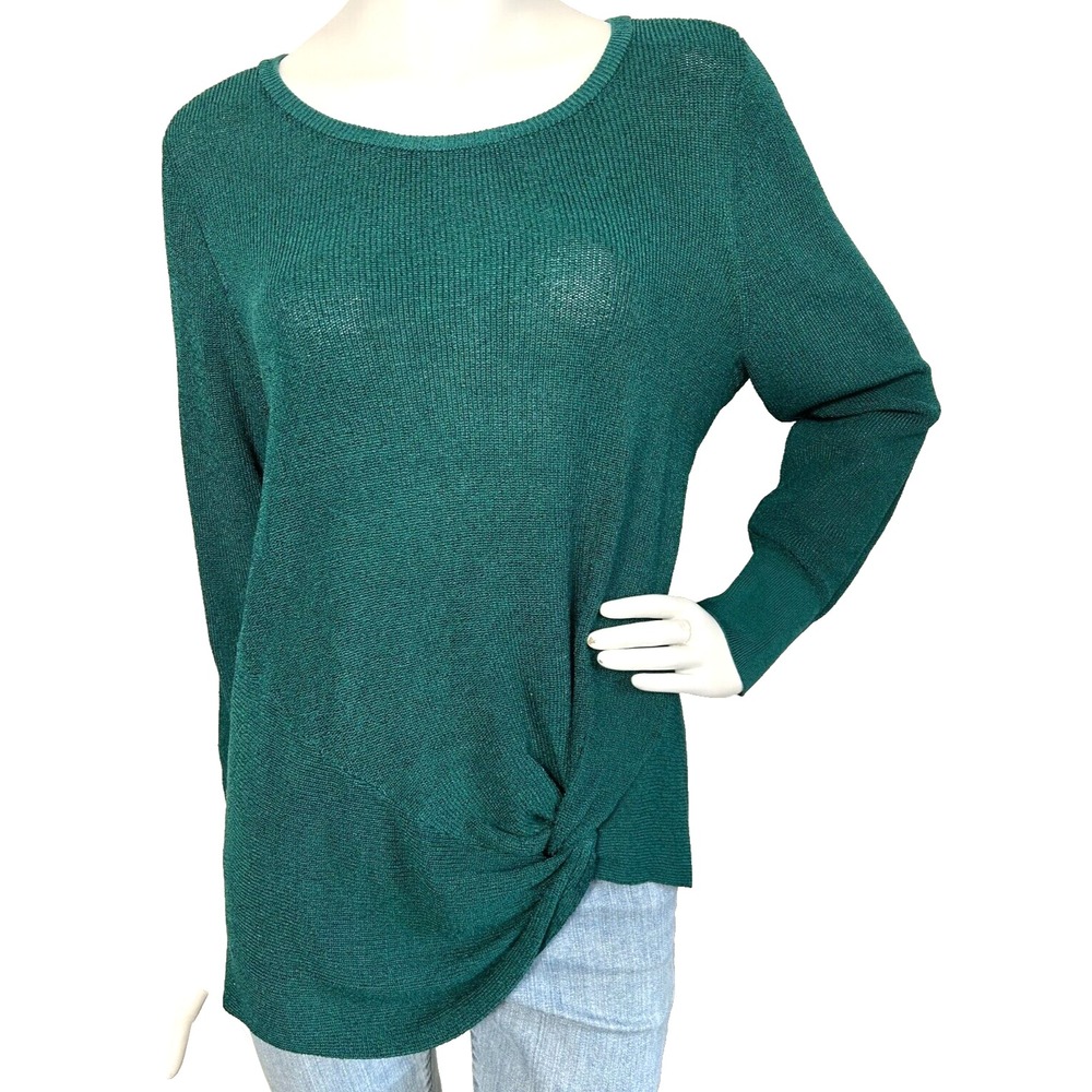 Chicos Emerald Green Knot Front Tunic Sweater Twist Hem Women Size 2P Large Pet